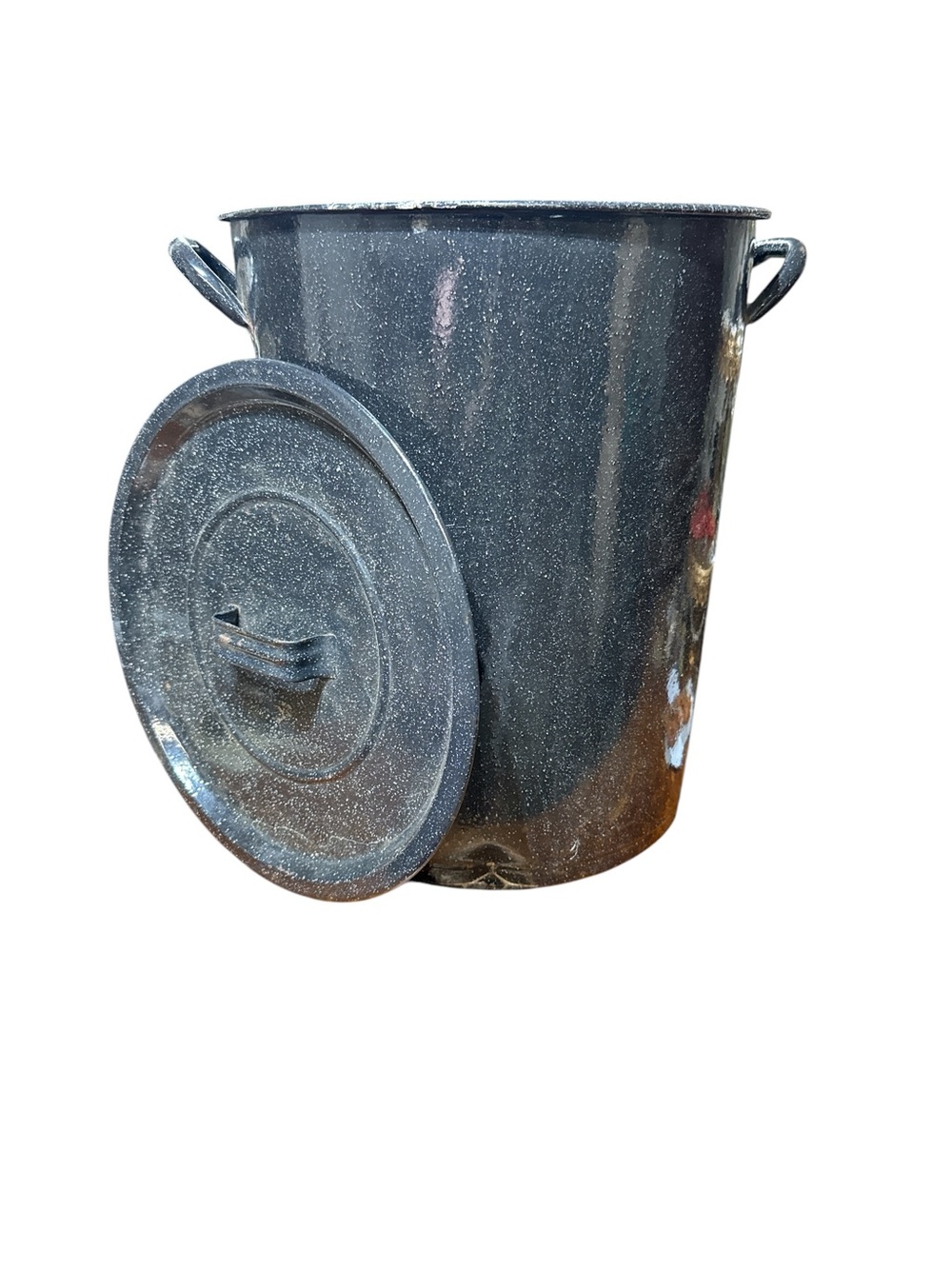 Vintage Tall Black Speckled Handled Lidded Enamelware Canning Pot 15.5” Canning
